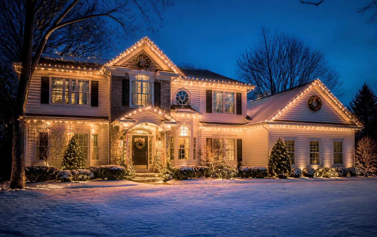 Michigan home with professional holiday lights installed along the roofline